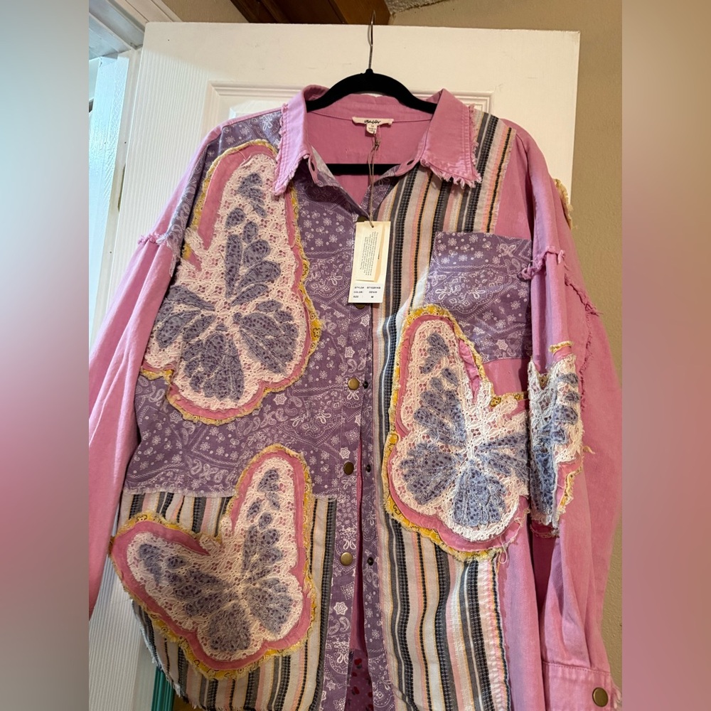 Pink and Purple Butterfly Patchwork Button Down Shirt
